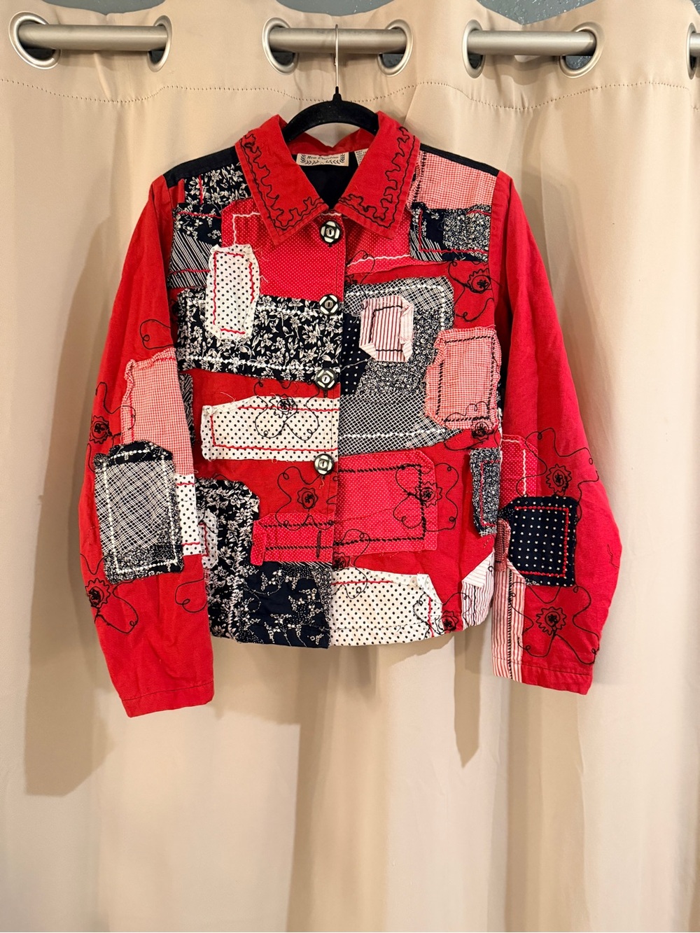 New directions Red Patchwork Jacket with Navy & White Panels